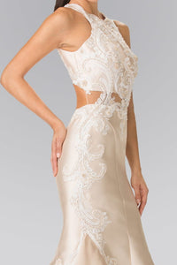 La Merchandise LAS2356 High Neck Lace & Pearl Embroidered Formal Dress - - LA Merchandise