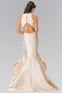La Merchandise LAS2356 High Neck Lace & Pearl Embroidered Formal Dress - - LA Merchandise