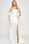 Load image into Gallery viewer, Wholesale Off-Shoulder Satin Wedding Dress with Ruched Bodice, Bow Tie Sleeves By LAF8358
