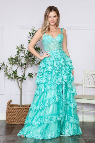 LA Merchandise LAY9410 Floral Lace Embellished Ruffled Evening Gown - LIGHT GREEN - LA Merchandise