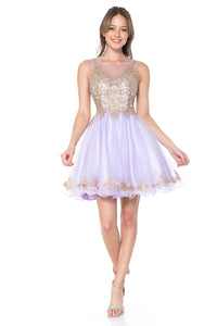 Sleeveless metallic lace applique & rhinestone short mesh dress- LN8101 - Lilac - LA Merchandise