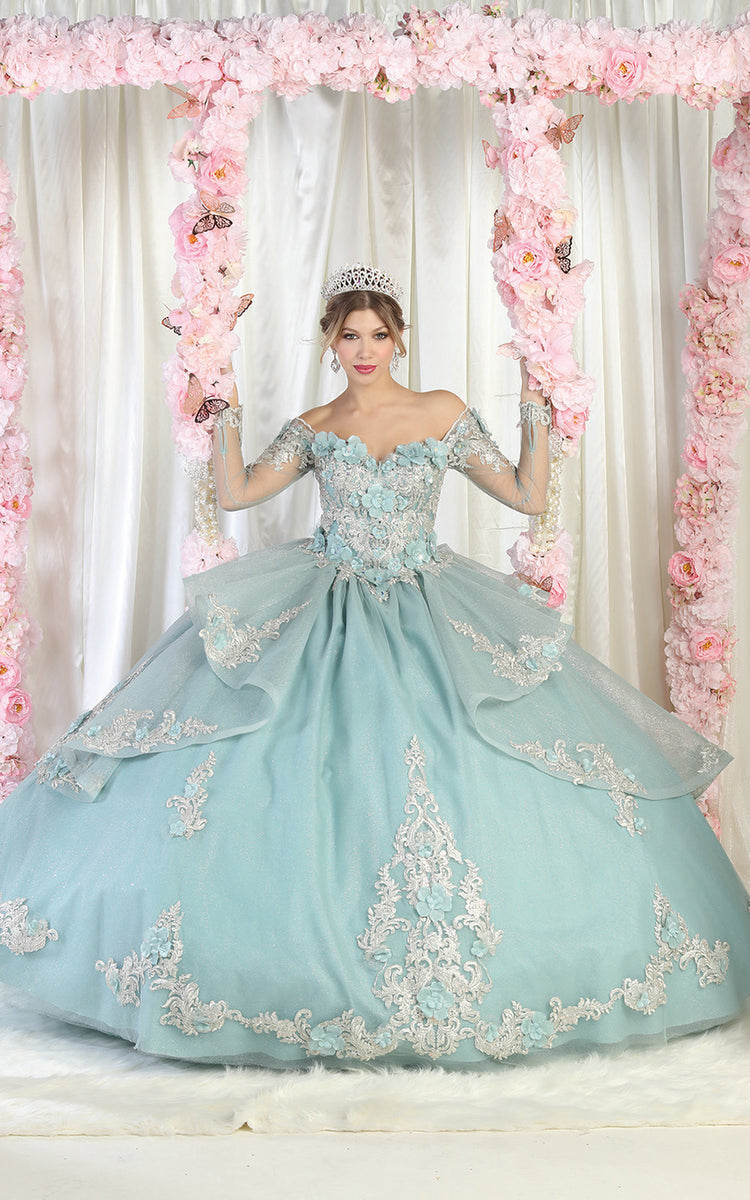 fit and flare prom dresses long Chic Blue Long Sleeves Lace Prom Dresses Affordable Fit and Flare Open –  Dbrbridal main image 1