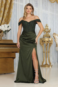 LA Merchandise LA2029 Off-Shoulder Draped High Slit Prom Gown - OLIVE - Dress LA Merchandise