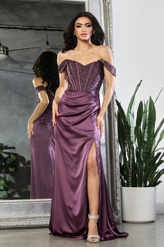 LA Merchandise LA2029 Off-Shoulder Draped High Slit Prom Gown - VICTORIAN LILAC - Dress LA Merchandise