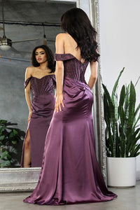 LA Merchandise LA2029 Off-Shoulder Draped High Slit Prom Gown - - Dress LA Merchandise