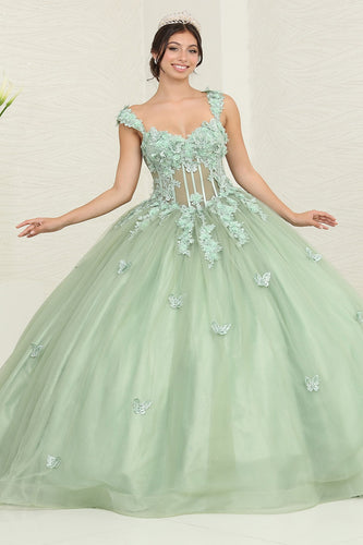 LA Merchandise LA242 3D Appliqued Glitter Sleeveless Quinceanera Gown - SAGE - LA Merchandise