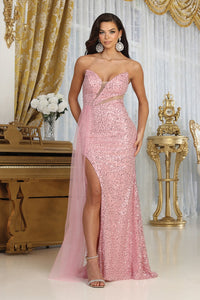 LA Merchandise LA8068 Plunging Neck Prom Side Sash Gown - DUSTY ROSE - Dress LA Merchandise