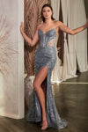 Load image into Gallery viewer, LA Merchandise LAR0227 Strapless Beaded Corset Side Slit Pageant Gown - SMOKY BLUE - Dress LA Merchandise