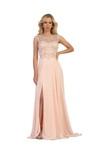 La Merchandise LA1563 Cap Sleeve Evening Dress With Slit - Blush - LA Merchandise