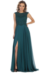 La Merchandise LA1563 Cap Sleeve Evening Dress With Slit - Hunter Green - LA Merchandise