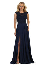 Load image into Gallery viewer, La Merchandise LA1563 Cap Sleeve Evening Dress With Slit - Navy - LA Merchandise