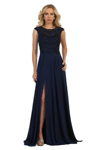 La Merchandise LA1563 Cap Sleeve Evening Dress With Slit - Navy - LA Merchandise