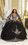 Load image into Gallery viewer, La Merchandise LA218 Embroidered Cape Sleeves Glitter Quince Ball Gown - BLACK - LA Merchnadise