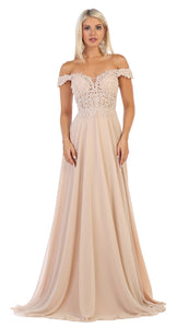 LA Merchandise LA1602 Off The Shoulder A Line Prom Dress - CHAMPAGNE - LA Merchandise