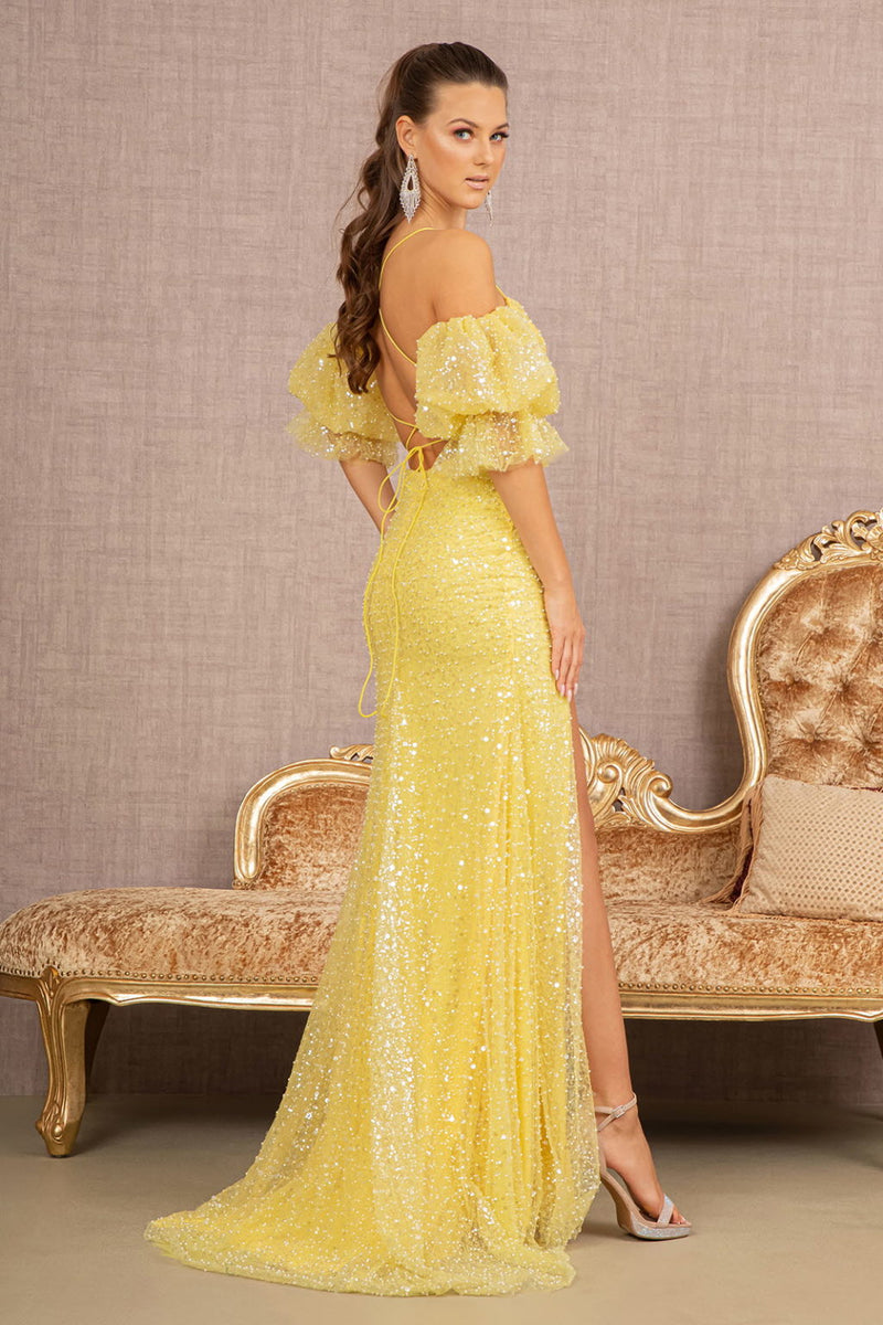 LA Merchandise Detachable Puff Sleeves Evening Gown