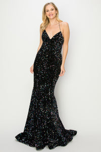 La Merchandise LA2CP3401 Sequined Backless Prom Dress - BLACK - LA Merchandise