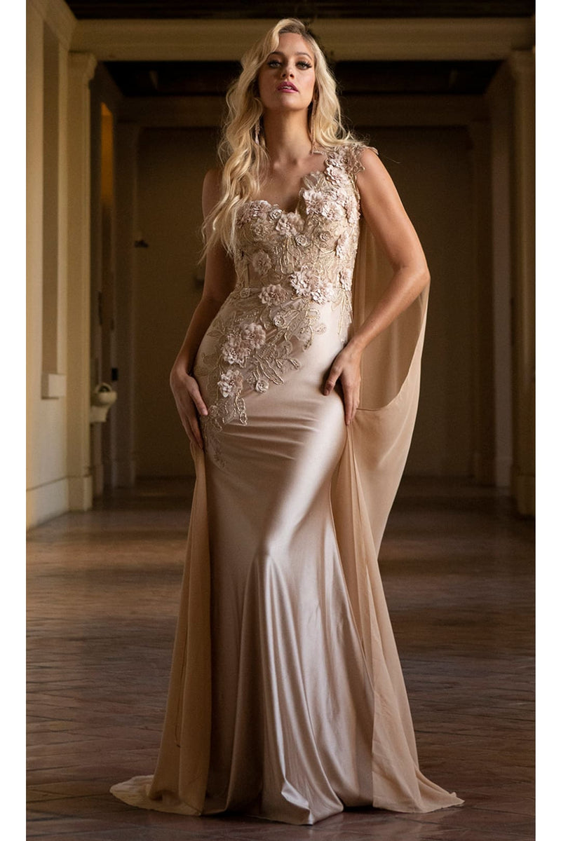 La Merchandise LAA388 One Shoulder Cape Floral Red Carpet