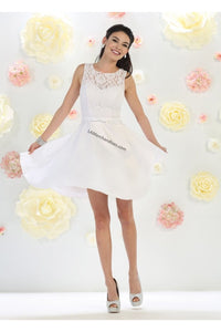 Sleeveless lace & satin short dress - LA1422 - White - LA Merchandise
