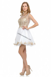 Sleeveless metallic lace applique & rhinestone short mesh dress- LN8101 - - LA Merchandise