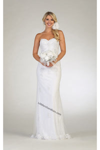 Strapless lace applique & rhinestone long mesh bridal dress- LA1585B - White - LA Merchandise