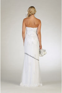 Strapless lace applique & rhinestone long mesh bridal dress- LA1585B - - LA Merchandise