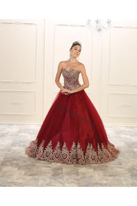 Strapless lace applique & sequins organza dress with bolero jacket - LA73 - Red - LA Merchandise