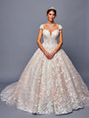 Load image into Gallery viewer, Wholesale Lace Ball Gown Wedding Dress with Illusion Bodice, Cap Sleeves &amp; Cathedral Train by LADK485 - NUDE CHAMPAGNE - Dresses LAD