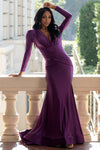 Load image into Gallery viewer, LAA381-1 Wholesale Long Sleeve Plunge V-Neck Ruched Satin Mother of the Bride Evening Gown - - Mother of the Bride Dress LAA