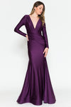 Load image into Gallery viewer, LAA381-1 Wholesale Long Sleeve Plunge V-Neck Ruched Satin Mother of the Bride Evening Gown - EGGPLANT - Mother of the Bride Dress LAA
