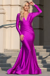 Load image into Gallery viewer, LAA381-1 Wholesale Long Sleeve Plunge V-Neck Ruched Satin Mother of the Bride Evening Gown - MAGENTA - Mother of the Bride Dress LAA