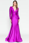 Load image into Gallery viewer, LAA381-1 Wholesale Long Sleeve Plunge V-Neck Ruched Satin Mother of the Bride Evening Gown - - Mother of the Bride Dress LAA