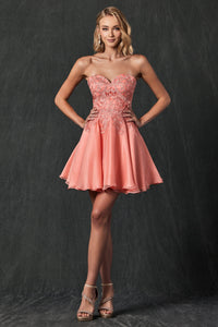 LA Merchandise LAT772 Strapless Sweetheart Embroidered Cocktail Dress - CORAL - Formal Dress Shops