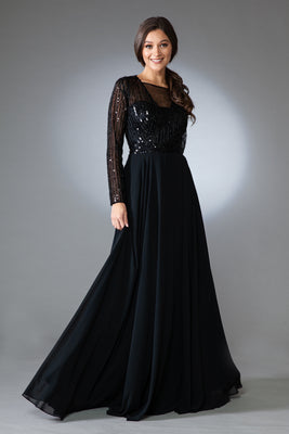 La Merchandise LAA7036 Long Sleeve Sequins Mother Of The Bride Dress - BLACK - Dress LA Merchandise