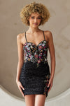 Load image into Gallery viewer, Wholesale Floral Sequin Corset Mini Dress with Lace-Up Back By LAA7054S