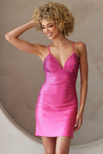 Load image into Gallery viewer, LA Merchandise LAA3022S V-Neck Rhinestone Homecoming Dress - HOT PINK - Dress LA Merchandise