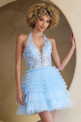 LA Merchandise LAABZ9040S V-Neck Sleeveless Sequin Ruffle Hoco Dress - BABY BLUE - Dress LA Merchandise