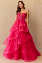 Load image into Gallery viewer, Wholesale Strapless Sweetheart Glitter Tulle A-Line Gown with Floral Appliqués By LAA4900