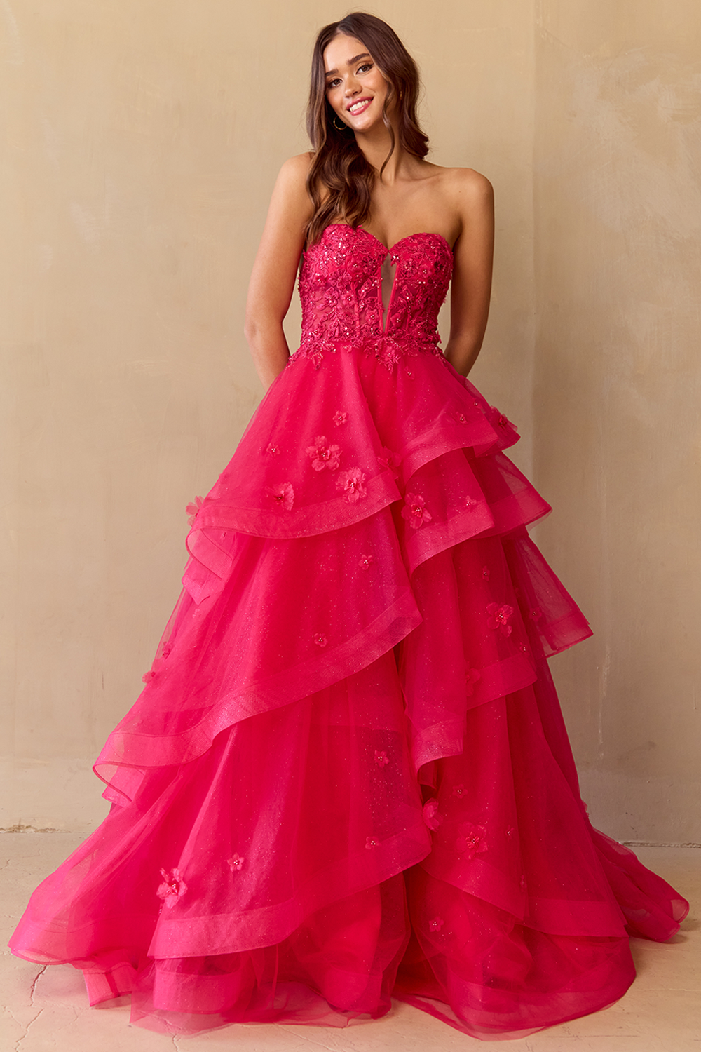 Wholesale Strapless Sweetheart Glitter Tulle A-Line Gown with Floral Appliqués By LAA4900