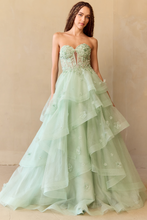 Load image into Gallery viewer, Wholesale Strapless Sweetheart Glitter Tulle A-Line Gown with Floral Appliqués By LAA4900