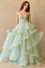 Load image into Gallery viewer, Wholesale Strapless Sweetheart Glitter Tulle A-Line Gown with Floral Appliqués By LAA4900