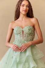 Load image into Gallery viewer, Wholesale Strapless Sweetheart Glitter Tulle A-Line Gown with Floral Appliqués By LAA4900