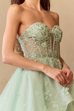 Load image into Gallery viewer, Wholesale Strapless Sweetheart Glitter Tulle A-Line Gown with Floral Appliqués By LAA4900