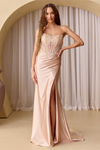 Load image into Gallery viewer, Wholesale Satin Strapless Corset Lace Appliqué Evening Gown with High Slit Dress by LAA9056 - - Dresses LAA