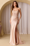 Load image into Gallery viewer, Wholesale Satin Strapless Corset Lace Appliqué Evening Gown with High Slit Dress by LAA9056 - - Dresses LAA