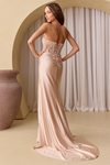 Load image into Gallery viewer, Wholesale Satin Strapless Corset Lace Appliqué Evening Gown with High Slit Dress by LAA9056 - - Dresses LAA