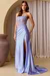 Load image into Gallery viewer, Wholesale Satin Strapless Corset Lace Appliqué Evening Gown with High Slit Dress by LAA9056 - PERIWINKLE - Dresses LAA