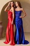 Load image into Gallery viewer, Wholesale Satin Strapless Corset Lace Appliqué Evening Gown with High Slit Dress by LAA9056 - - Dresses LAA