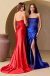 Load image into Gallery viewer, Wholesale Satin Strapless Corset Lace Appliqué Evening Gown with High Slit Dress by LAA9056 - - Dresses LAA