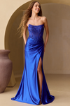 Load image into Gallery viewer, Wholesale Satin Strapless Corset Lace Appliqué Evening Gown with High Slit Dress by LAA9056 - - Dresses LAA
