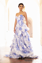 Load image into Gallery viewer, Wholesale Strapless Floral Ruffle Tiered High Slit A-Line Gown By LAA2060
